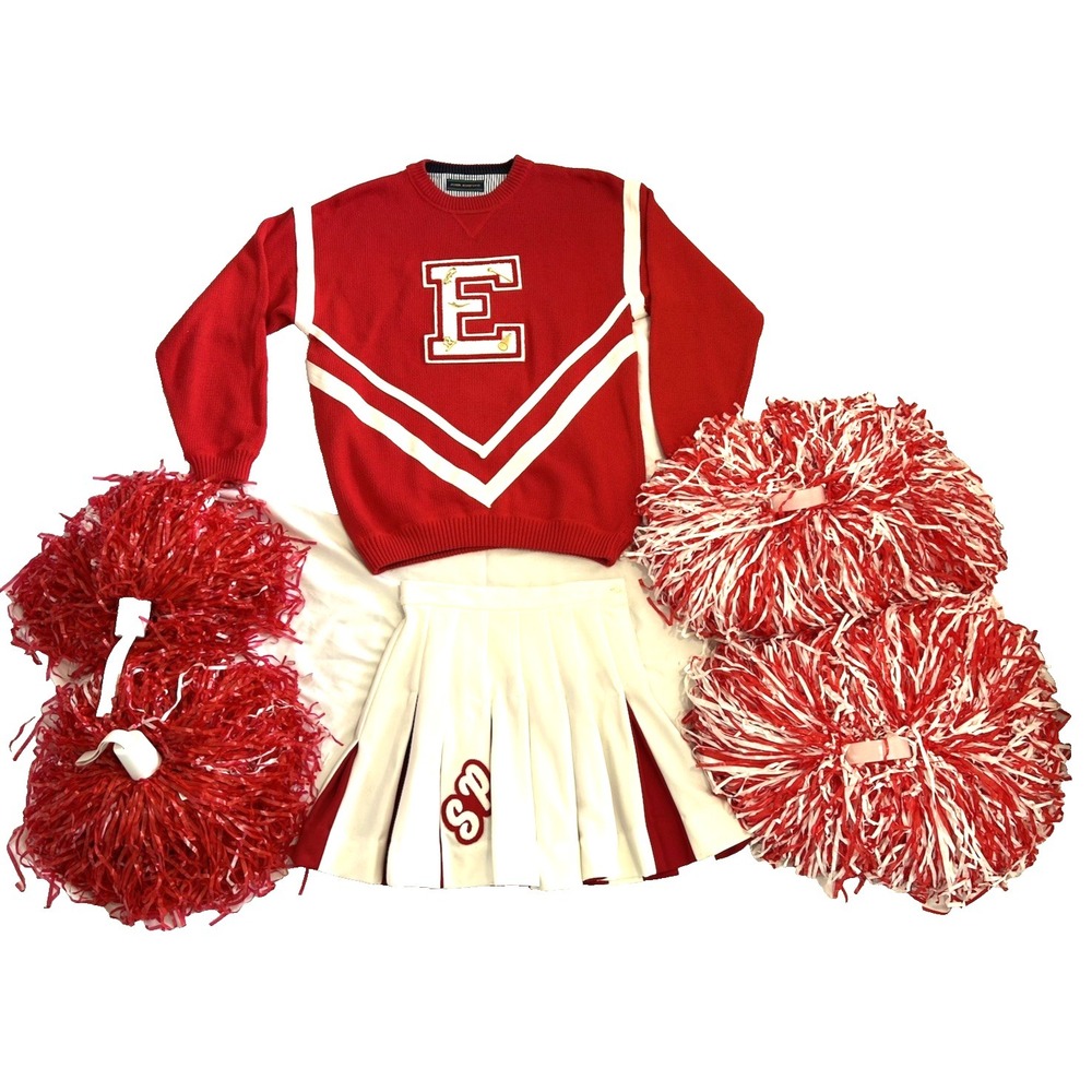 Vintage Cheerleader Uniform Skirt Sweater w/5 Pins TWO Sets Pom Red White VGUC